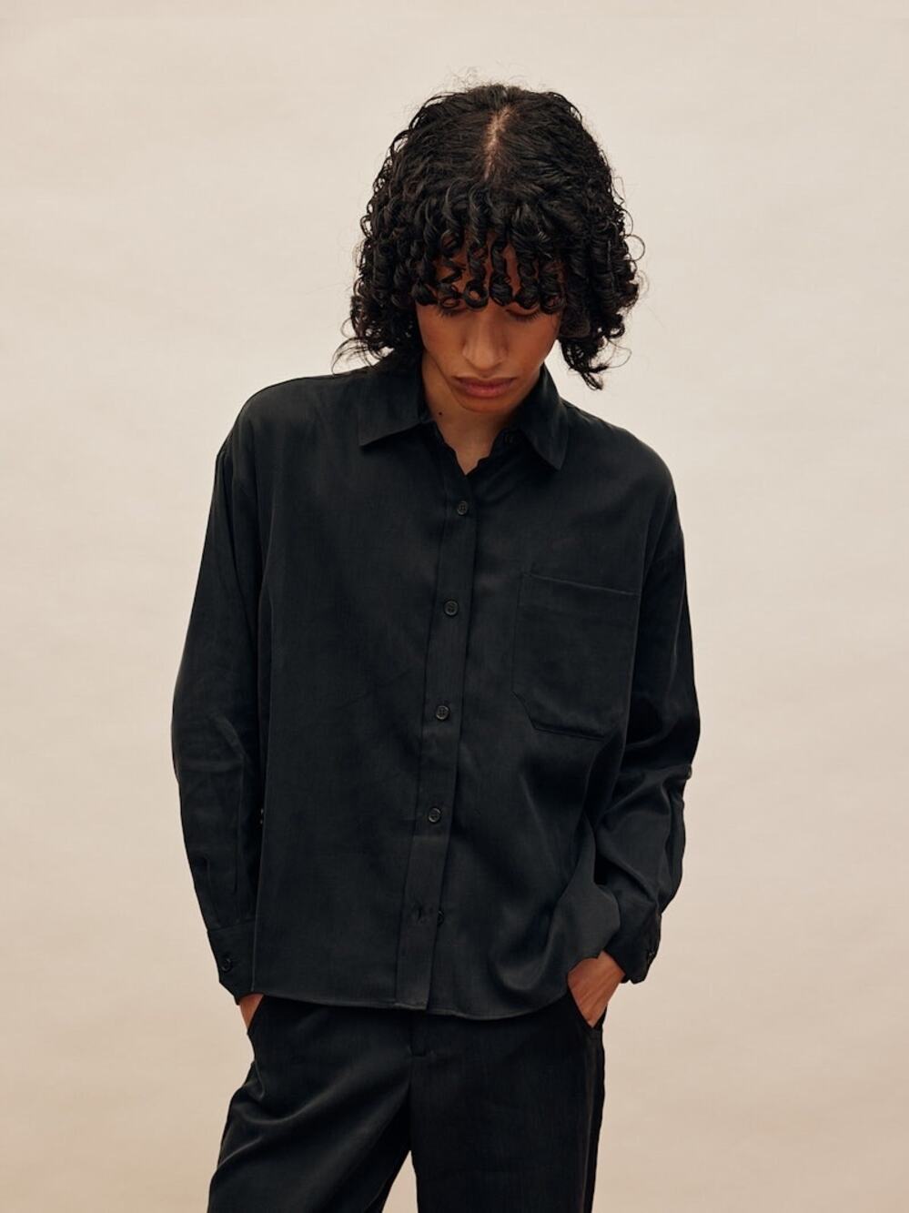 Djerf Avenue On The Go Ash Black Cupro Cotton Button Down Blouse Women's size XS